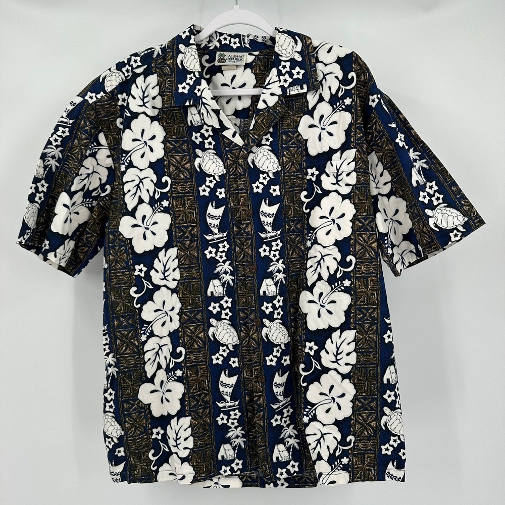 Aloha Republic Mens Hawaiian Shirt Size XL Cotton Sea Turtle Floral Made in USA